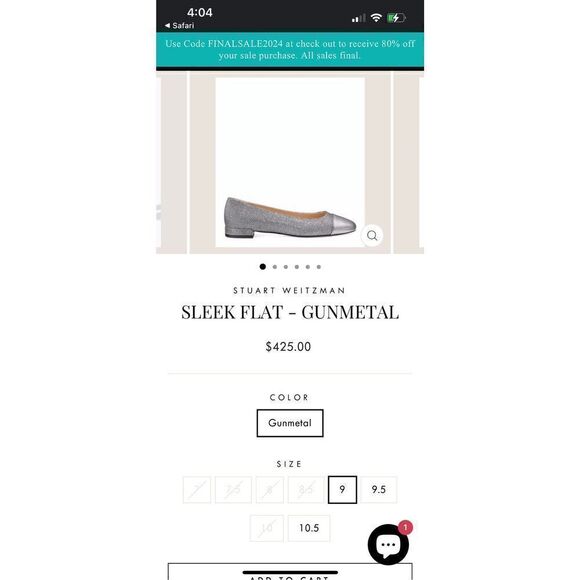 Stuart Weitzman Sleek Flat Gunmetal Silver Pewter Sparkle Glitter Flats NEW! Sz - Picture 10 of 12